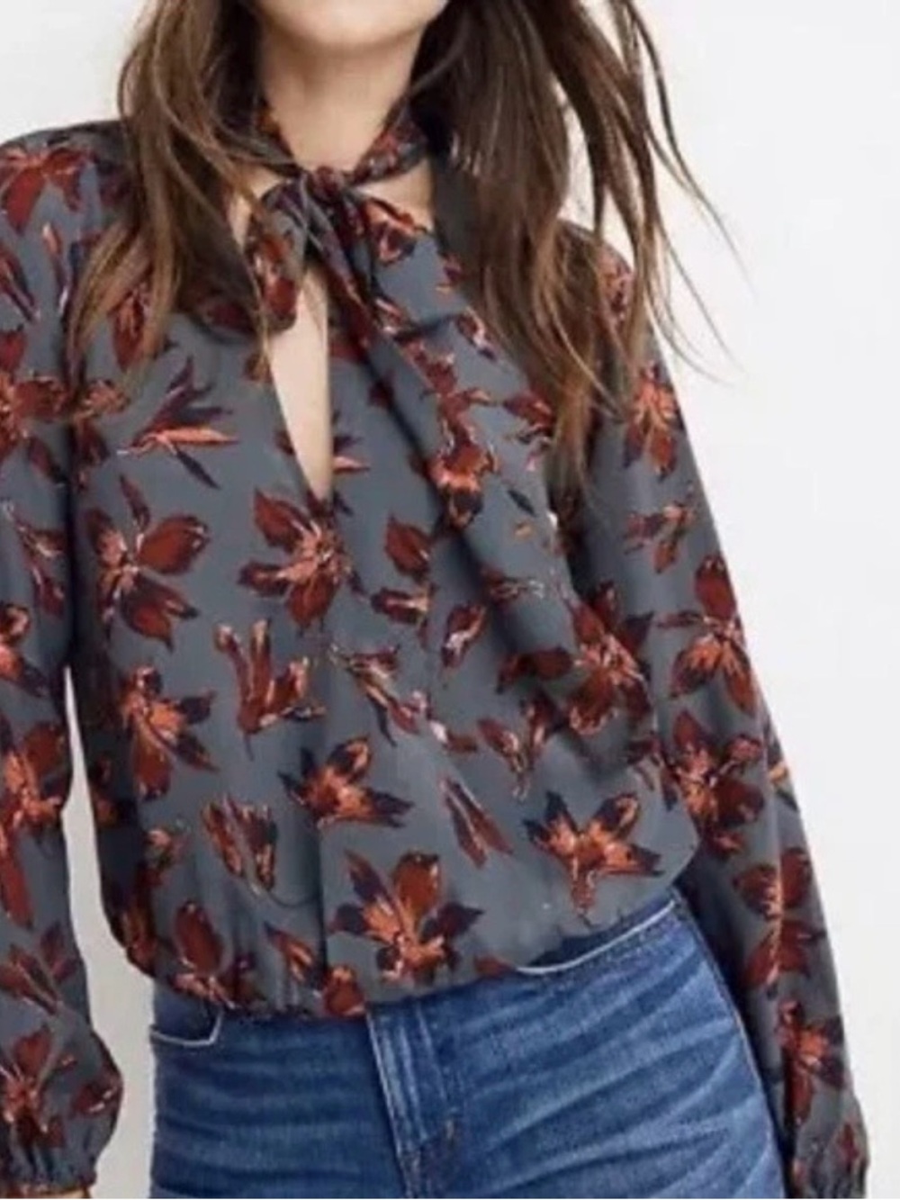 Madewell silk  Floral wrap Tie-Neck Blouse with Rust Accents size S